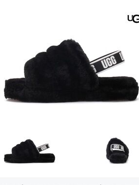 UGG Black Fluff Yeah Plush Shearling Slide with Branded Elastic Back